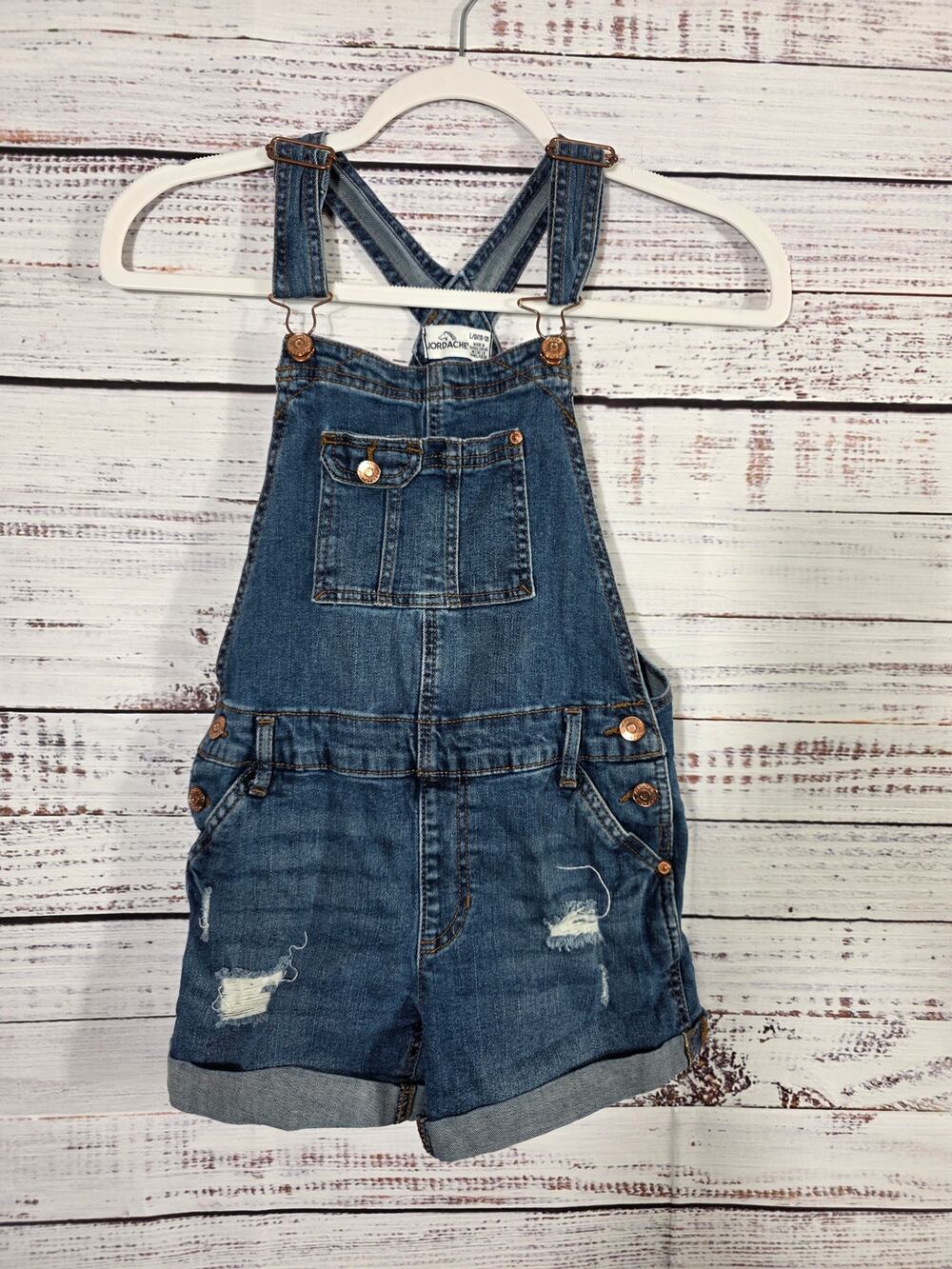 Jordache Girls Denim Shortalls Overalls Distressed Blue Jean Short L 10-12